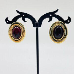 Cabochon Stud Earrings Gold Tone Oval Red Glass Pierced